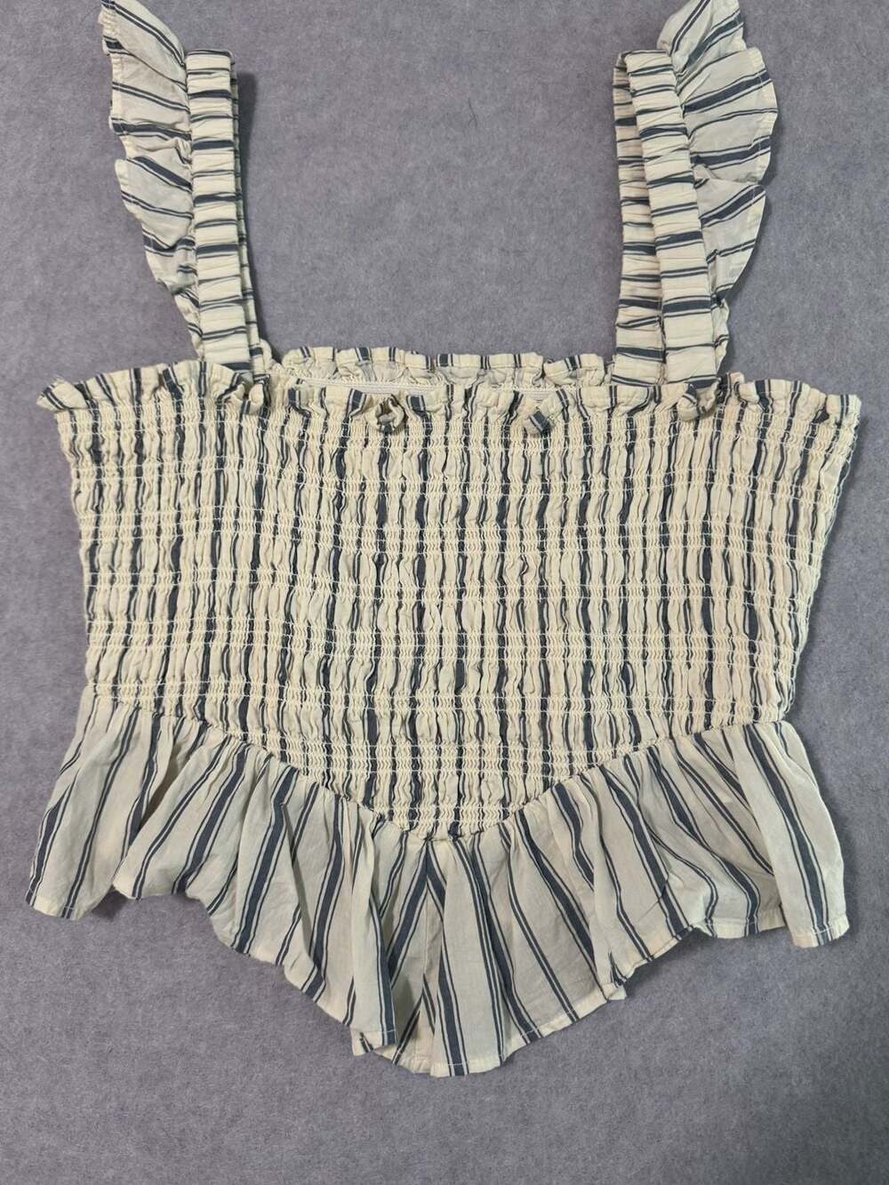 American Eagle Outfitters Blue and White Striped Smocked Ruffle Top